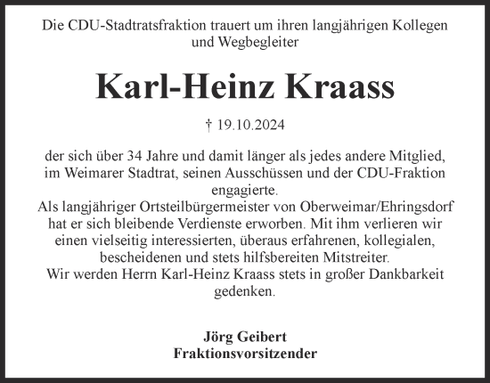 Traueranzeige von Karl-Heinz Kraass von Thüringer Allgemeine, Thüringische Landeszeitung