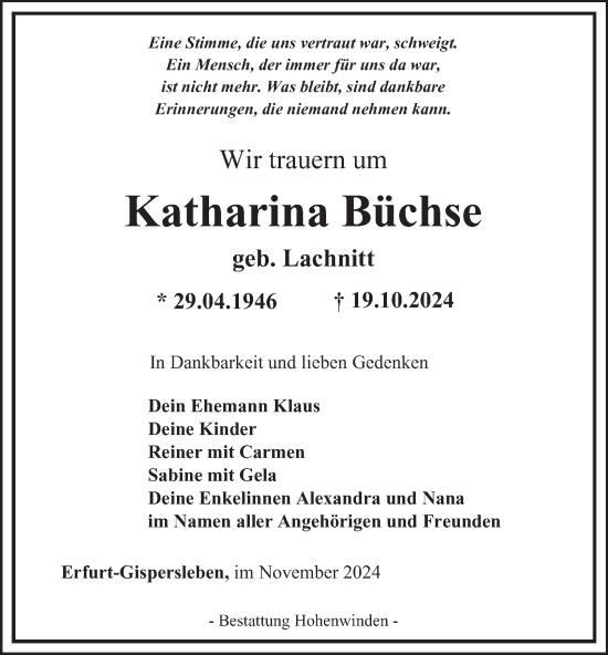 Traueranzeige von Katharina Büchse von Thüringer Allgemeine, Thüringische Landeszeitung