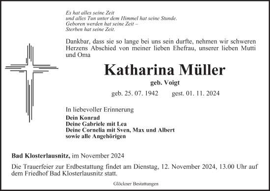 Traueranzeige von Katharina Müller von Ostthüringer Zeitung