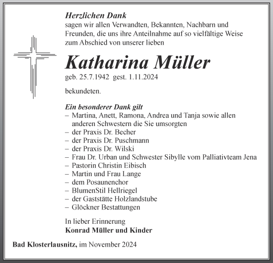 Traueranzeige von Katharina Müller von Ostthüringer Zeitung