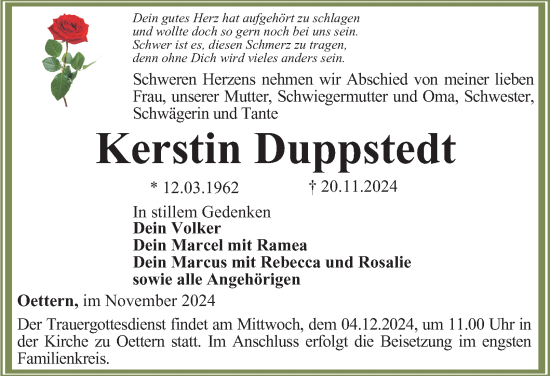 Traueranzeige von Kerstin Duppstedt von Thüringer Allgemeine, Thüringische Landeszeitung