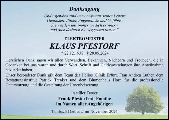 Traueranzeige von Klaus Pfestorf von Thüringer Allgemeine, Thüringische Landeszeitung