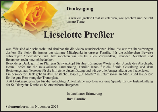 Traueranzeige von Lieselotte Preßler von Thüringer Allgemeine, Thüringische Landeszeitung