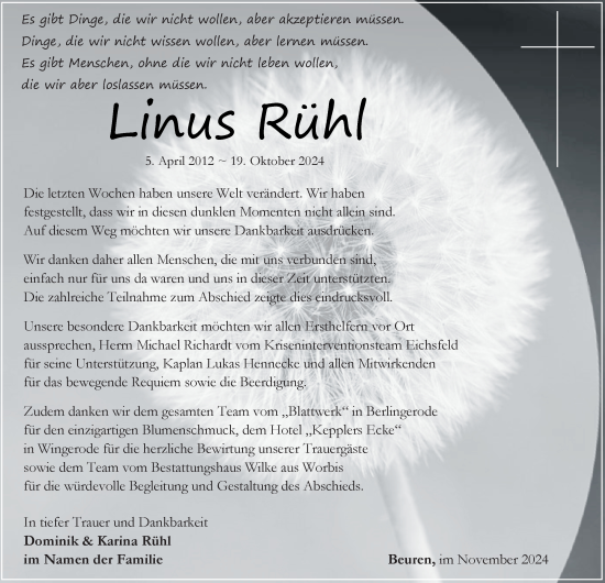 Traueranzeige von Linus Rühl von Thüringer Allgemeine