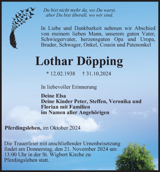 Traueranzeige von Lothar Döpping von Thüringer Allgemeine, Thüringische Landeszeitung