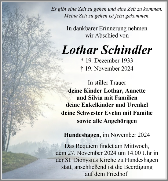 Traueranzeige von Lothar Schindler von Thüringer Allgemeine