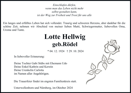 Traueranzeige von Lotte Hellwig von Ostthüringer Zeitung