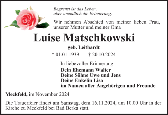 Traueranzeige von Luise Matschkowski von Thüringer Allgemeine, Thüringische Landeszeitung