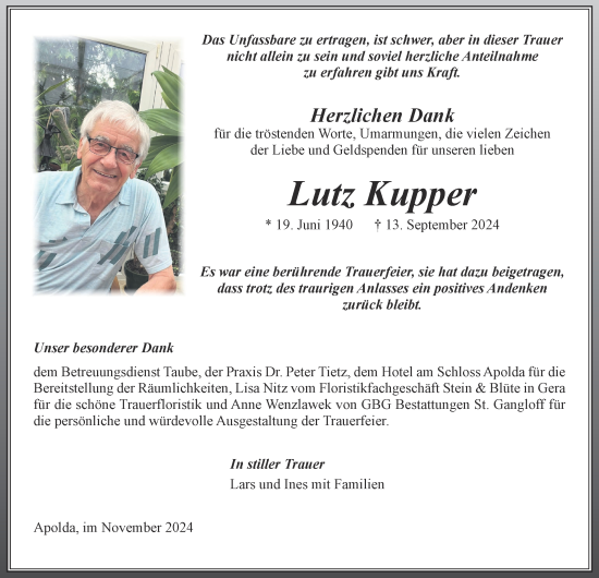 Traueranzeige von Lutz Kupper von Thüringer Allgemeine, Thüringische Landeszeitung