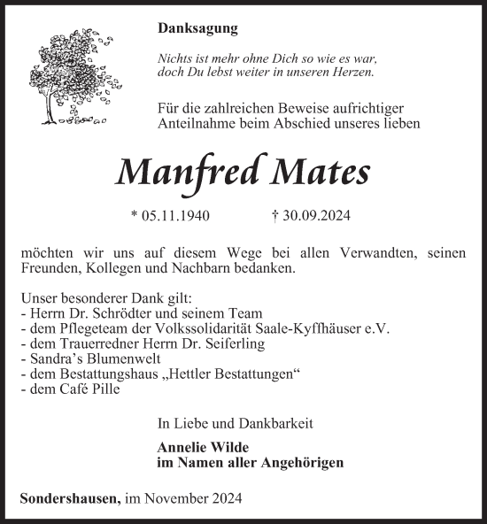 Traueranzeige von Manfred Mates von Thüringer Allgemeine