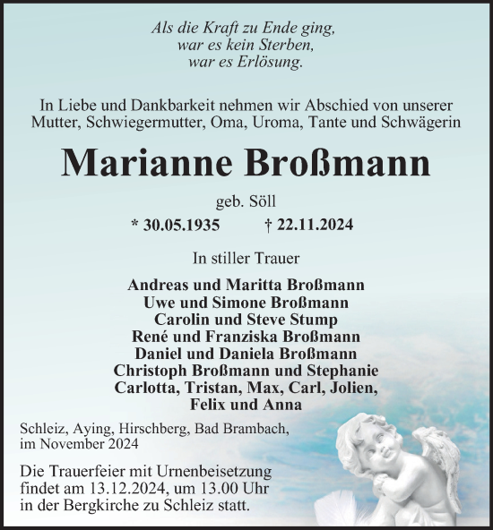 Traueranzeige von Marianne Broßmann von Ostthüringer Zeitung