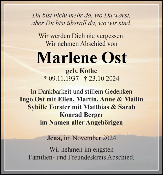 Traueranzeige von Marlene Ost von Ostthüringer Zeitung, Thüringische Landeszeitung