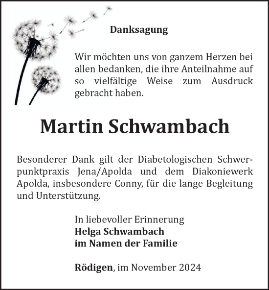 Traueranzeige von Martin Schwambach von Ostthüringer Zeitung, Thüringische Landeszeitung