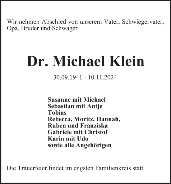 Traueranzeige von Michael Klein von Thüringer Allgemeine, Thüringische Landeszeitung