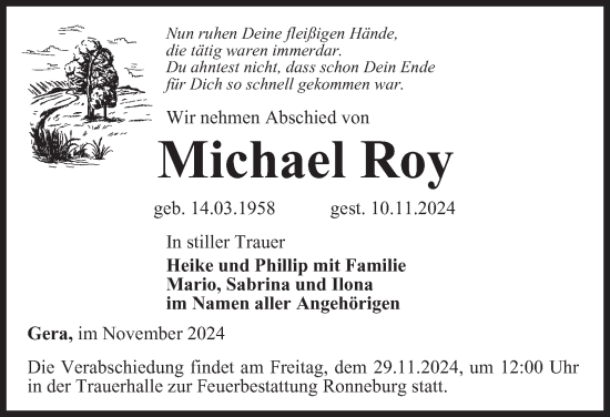 Traueranzeige von Michael Roy von Ostthüringer Zeitung