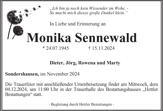 Traueranzeige von Monika Sennewald von Thüringer Allgemeine