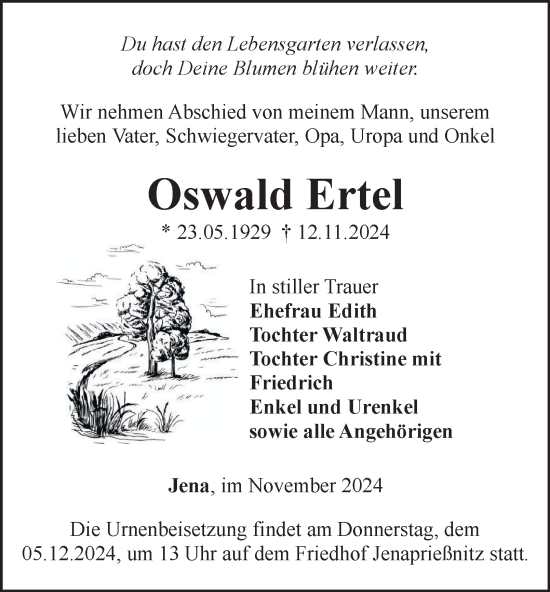 Traueranzeige von Oswald Ertel von Thüringer Allgemeine, Thüringische Landeszeitung