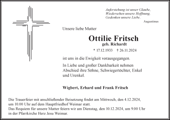 Traueranzeige von Ottilie Fritsch von Thüringer Allgemeine, Thüringische Landeszeitung