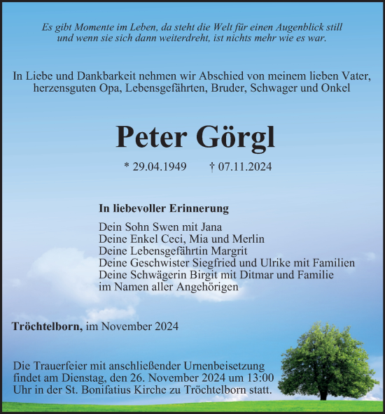 Traueranzeige von Peter Görgl von Thüringer Allgemeine, Thüringische Landeszeitung