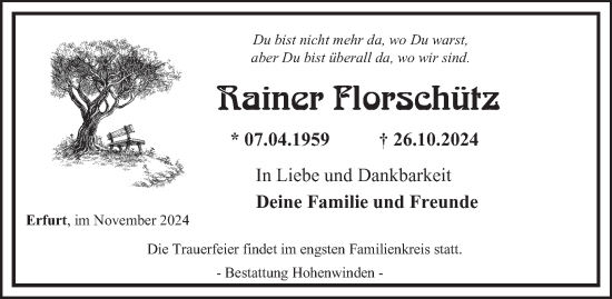 Traueranzeige von Rainer Florschütz von Thüringer Allgemeine, Thüringische Landeszeitung