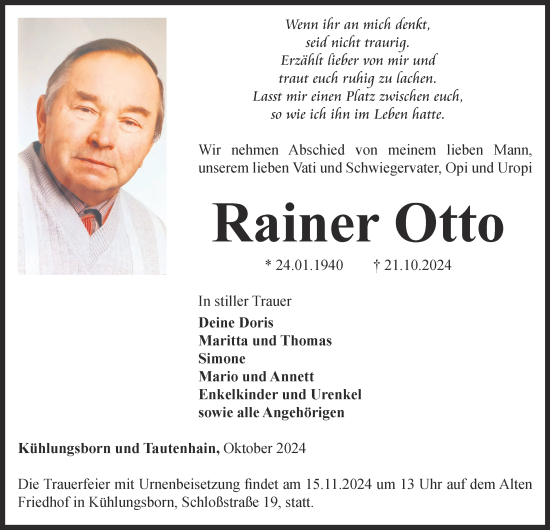 Traueranzeige von Rainer Otto von Ostthüringer Zeitung