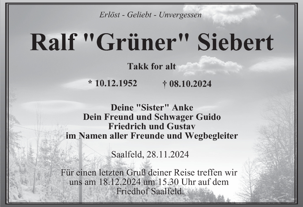  Traueranzeige für Ralf Siebert vom 29.11.2024 aus Ostthüringer Zeitung