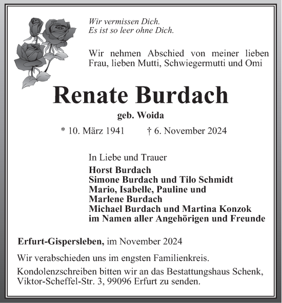 Traueranzeige von Renate Burdach von Thüringer Allgemeine, Thüringische Landeszeitung