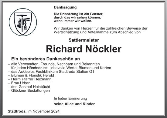 Traueranzeige von Richard Nöckler von Ostthüringer Zeitung