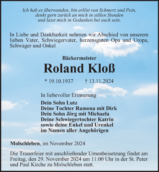 Traueranzeige von Roland Kloß von Thüringer Allgemeine, Thüringische Landeszeitung