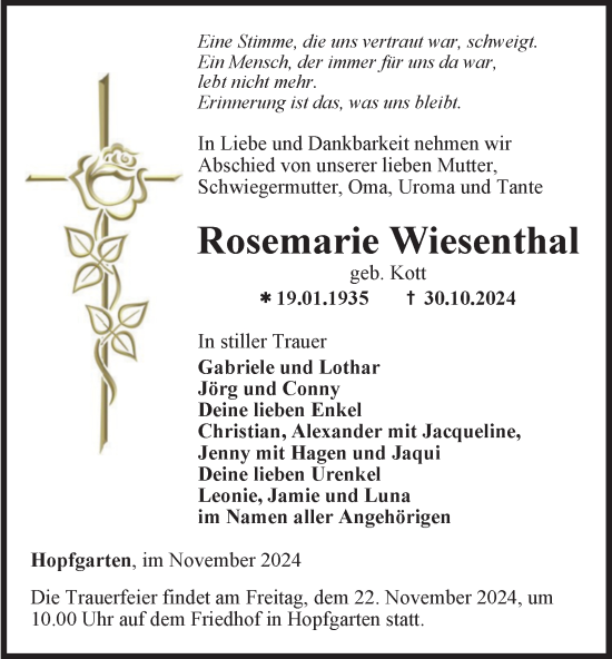 Traueranzeige von Rosemarie Wiesenthal von Thüringer Allgemeine, Thüringische Landeszeitung