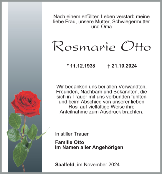 Traueranzeige von Rosmarie Otto von Ostthüringer Zeitung