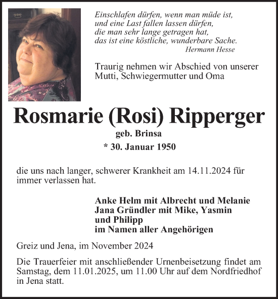 Traueranzeige von Rosmarie Ripperger von Ostthüringer Zeitung