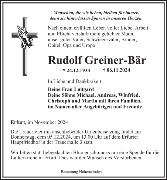 Traueranzeige von Rudolf Greiner-Bär von Thüringer Allgemeine, Thüringische Landeszeitung