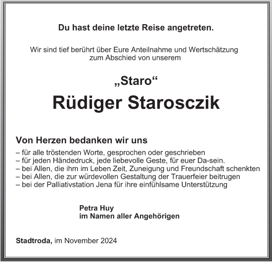 Traueranzeige von Rüdiger Staroscizik von Ostthüringer Zeitung