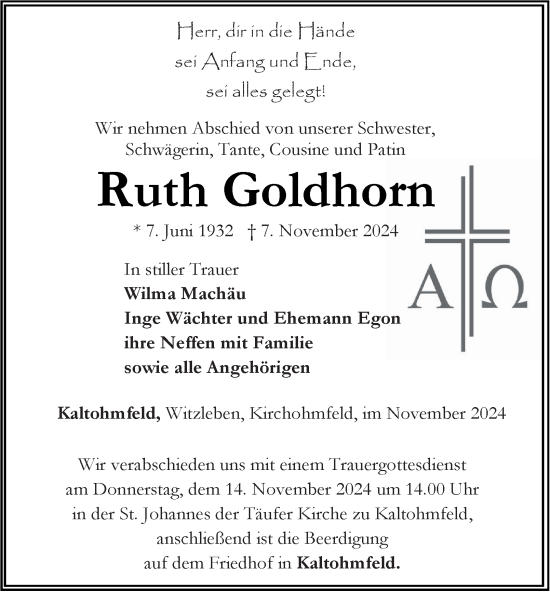 Traueranzeige von Ruth Goldhorn von Thüringer Allgemeine