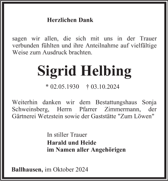 Traueranzeige von Sigrid Helbing von Thüringer Allgemeine, Thüringische Landeszeitung