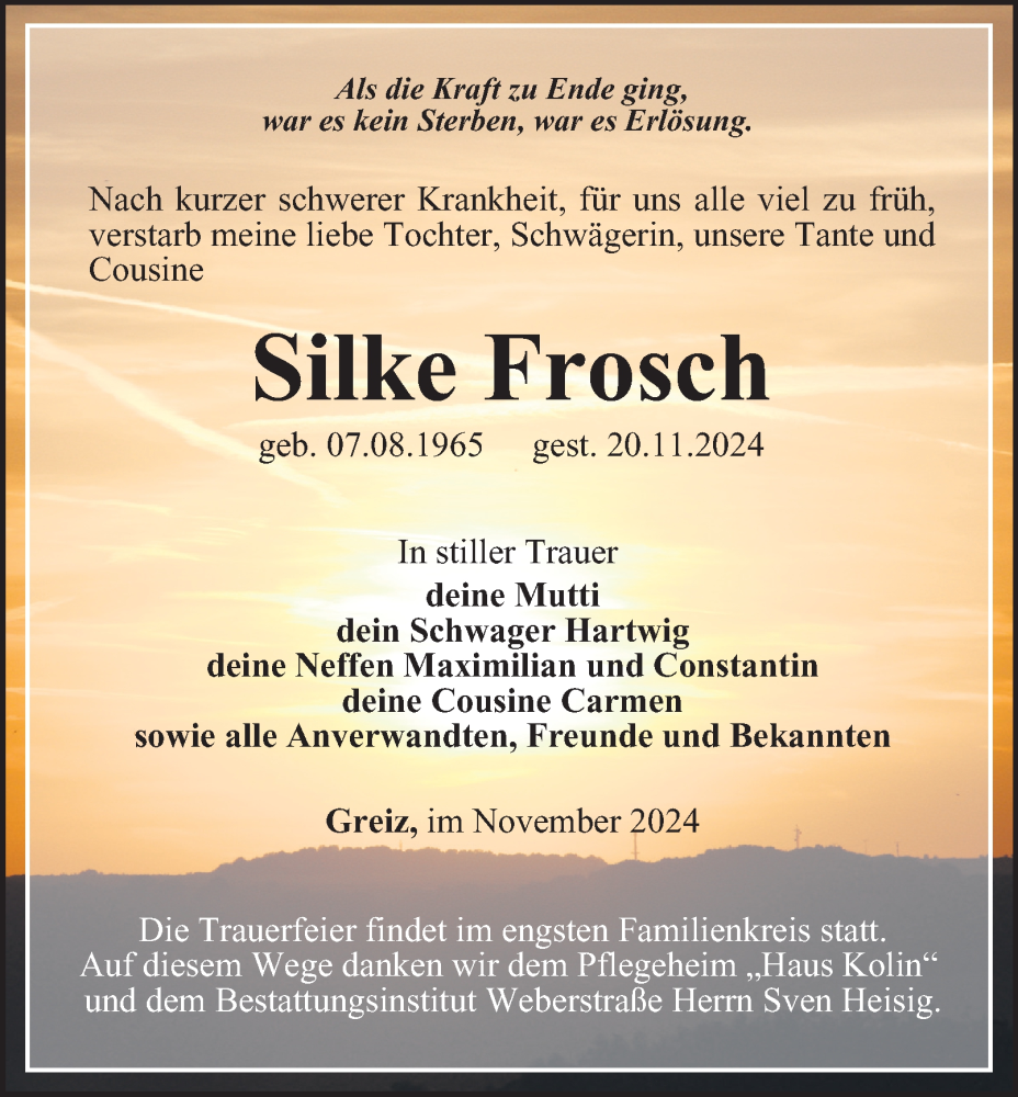  Traueranzeige für Silke Frosch vom 29.11.2024 aus Ostthüringer Zeitung