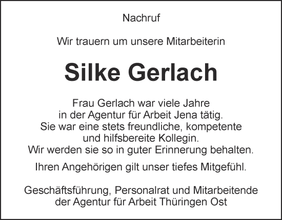 Traueranzeige von Silke Gerlach von Ostthüringer Zeitung, Thüringische Landeszeitung