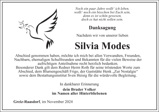 Traueranzeige von Silvia Modes von Ostthüringer Zeitung