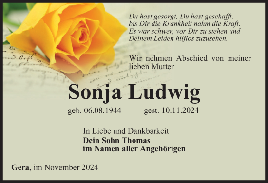 Traueranzeige von Sonja Ludwig von Ostthüringer Zeitung