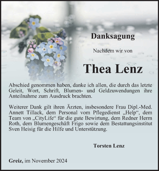 Traueranzeige von Thea Lenz von Ostthüringer Zeitung