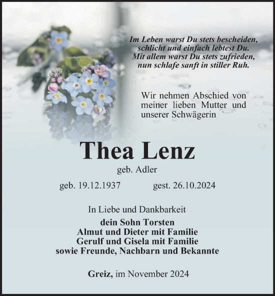 Traueranzeige von Thea Lenz von Ostthüringer Zeitung