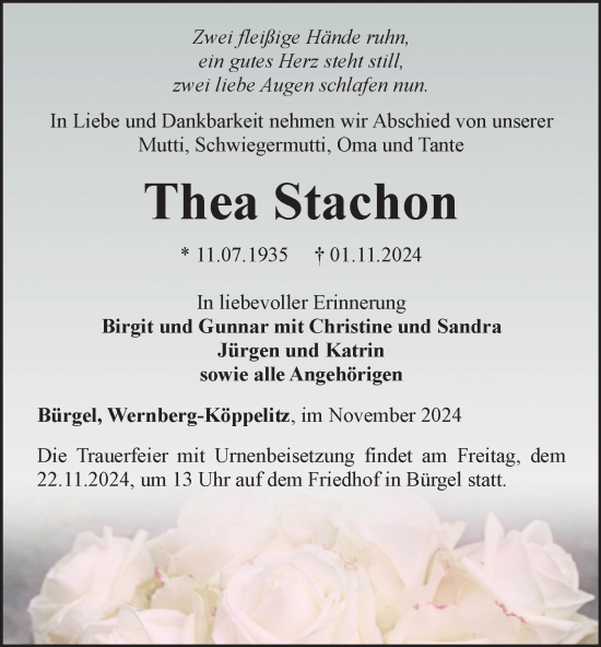 Traueranzeige von Thea Stachon von Ostthüringer Zeitung, Thüringische Landeszeitung
