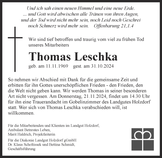 Traueranzeige von Thomas Leschka von Thüringer Allgemeine, Thüringische Landeszeitung