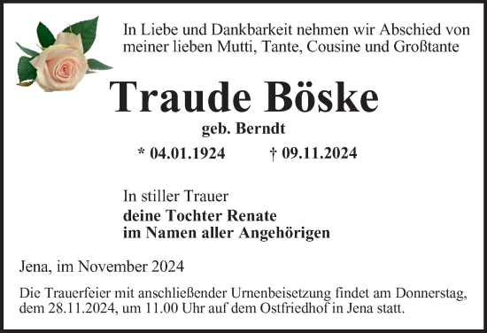 Traueranzeige von Traude Böske von Ostthüringer Zeitung, Thüringische Landeszeitung