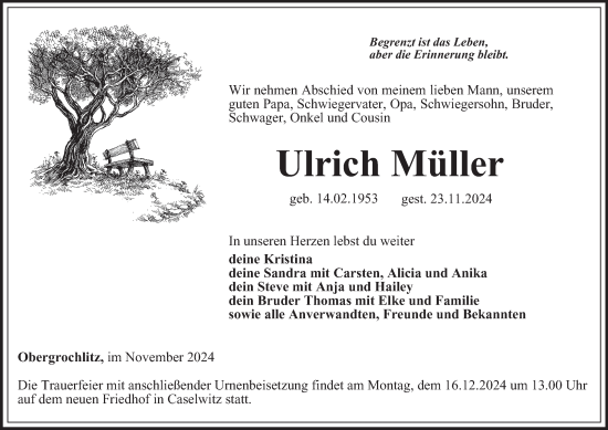 Traueranzeige von Ulrich Müller von Ostthüringer Zeitung