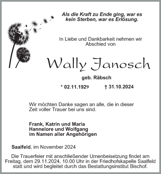 Traueranzeige von Wally Janosch von Thüringer Allgemeine