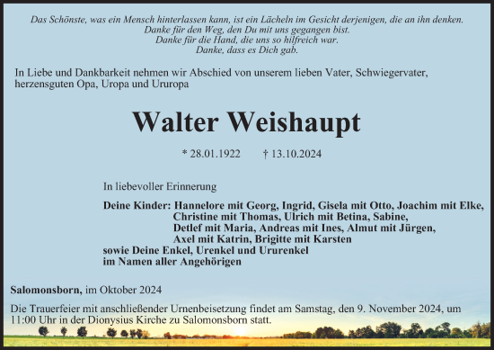 Traueranzeige von Walter Weishaupt von Thüringer Allgemeine, Thüringische Landeszeitung