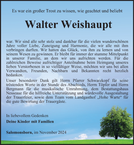 Traueranzeige von Walter Weishaupt von Thüringer Allgemeine, Thüringische Landeszeitung