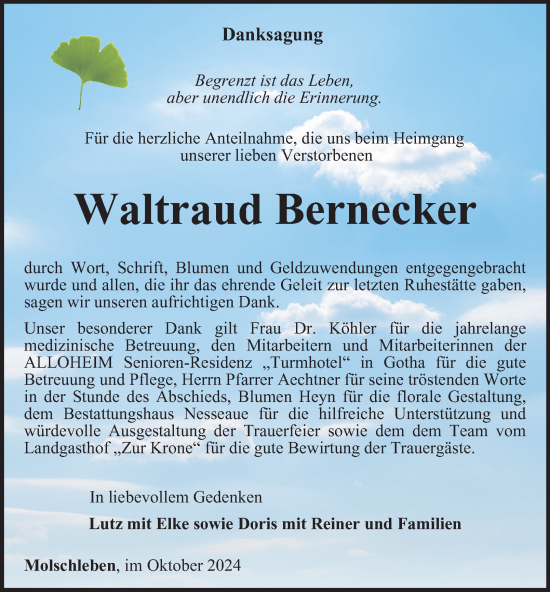 Traueranzeige von Waltraud Bernecker von Thüringer Allgemeine, Thüringische Landeszeitung